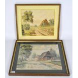 Two 20th century watercolours, one signed to the mount 'J F Wegener', both depicting rural cottages,
