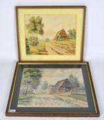 Two 20th century watercolours, one signed to the mount 'J F Wegener', both depicting rural cottages,