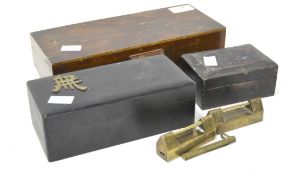 Two Chinese brass padlocks with key together with other boxes