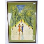 A contemporary painting on fabric, depicting figures walking along a path flanked by trees,