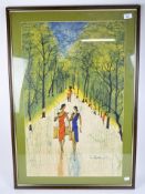 A contemporary painting on fabric, depicting figures walking along a path flanked by trees,
