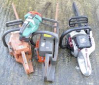 Three garden petrol chainsaws, together with an electric Bosch example