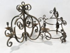 Two cast metal ceiling lights, comprising a four branch chandelier together with a circular lantern
