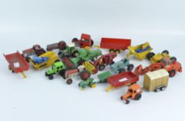 A collection of diecast playworn farm vehicles by Corgi, Matchbox, and more,