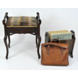 An upholstered piano stool together with a newspaper rack, satchell and sheet music