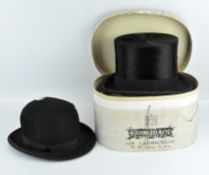 A vintage black silk top hat, manufactured by Christy' London, together with a black bowler hat