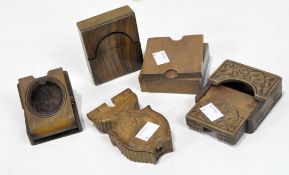 Five Victorian wooden pocket watch holders, with sliding or hinged mechanisms,
