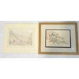 A Thomas Sunderland (1744-1828) pencil and ink sketch together with a print of two nude women