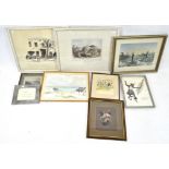 A group of pictures to include a watercolour of cottages in front of water,