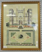 A contemporary sampler, depicting a stately home and gardens, 50cm x 40cm,