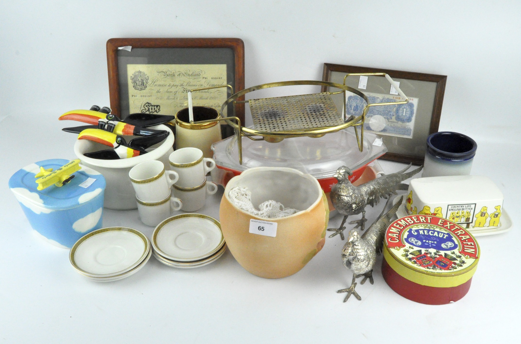 A variety of ceramics and collectables, including a framed Bank of England receipt,