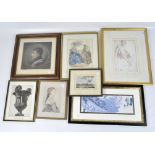 A collection of prints and drawings, some featuring classical subjects,