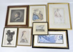 A collection of prints and drawings, some featuring classical subjects,