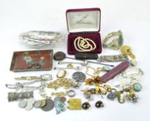 A collection of assorted costume jewellery and silverware, to include a Georgian silver salt spoon,