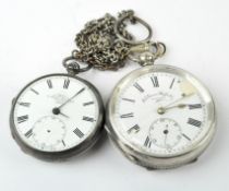 Two silver cased open faced pocket watches, with one being hallmarked London 1879,