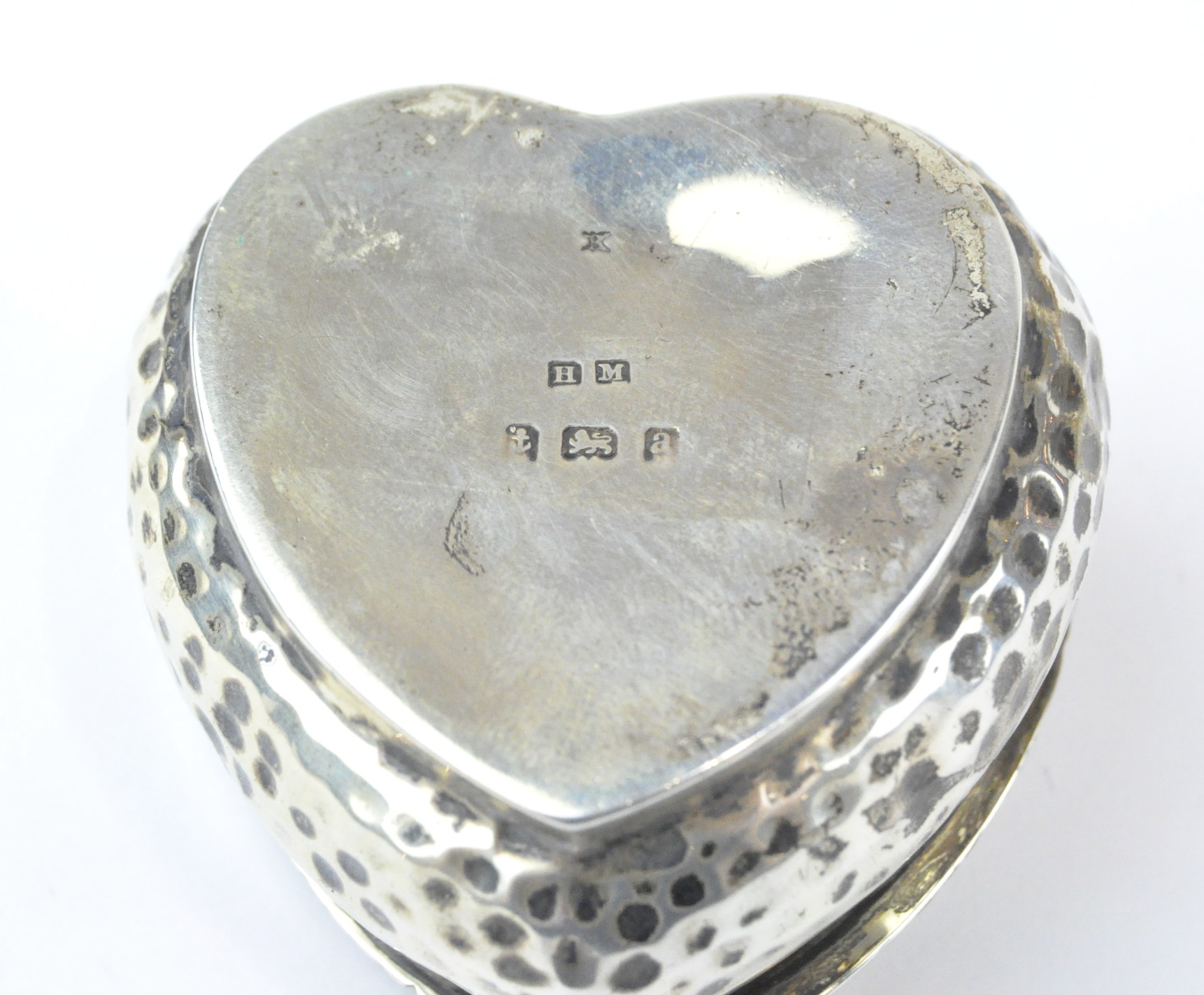 A late Victorian silver pill pot, of hammered, heart shaped form, - Image 2 of 2