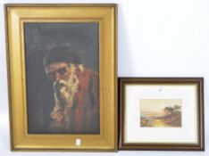 An oil on canvas, depicting a devious looking elderly man, 45cm x 29cm, framed, and another