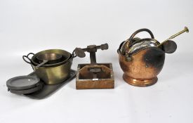 A selection of metalware, including a brass bucket,