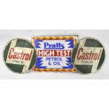 Two Castrol metal advertising signs with a Pratts 'High Test' Petrol and Oil advertising sign