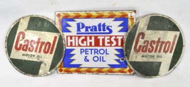 Two Castrol metal advertising signs with a Pratts 'High Test' Petrol and Oil advertising sign