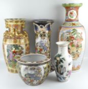 Five 20th century Japanese-style ceramics including three ovoid vases with flared rims,