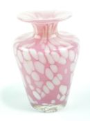 A small Mdina glass vase, pink and white in colour, with fluted neck, etched mark to base,