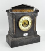 A 20th century slate mantel clock, enamel dial with Arabic numerals,