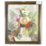 An oil on board of a vase of flowers, inscribed Margaret Thomas ARA to the back, 29cm x 24cm,