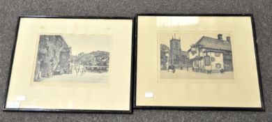 Two 19th century etchings, depicting a church and a row of cottages,