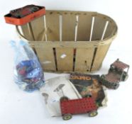 A collection of playworn Matchbox diecast vehicles, including cars, buses and industrial vehicles,