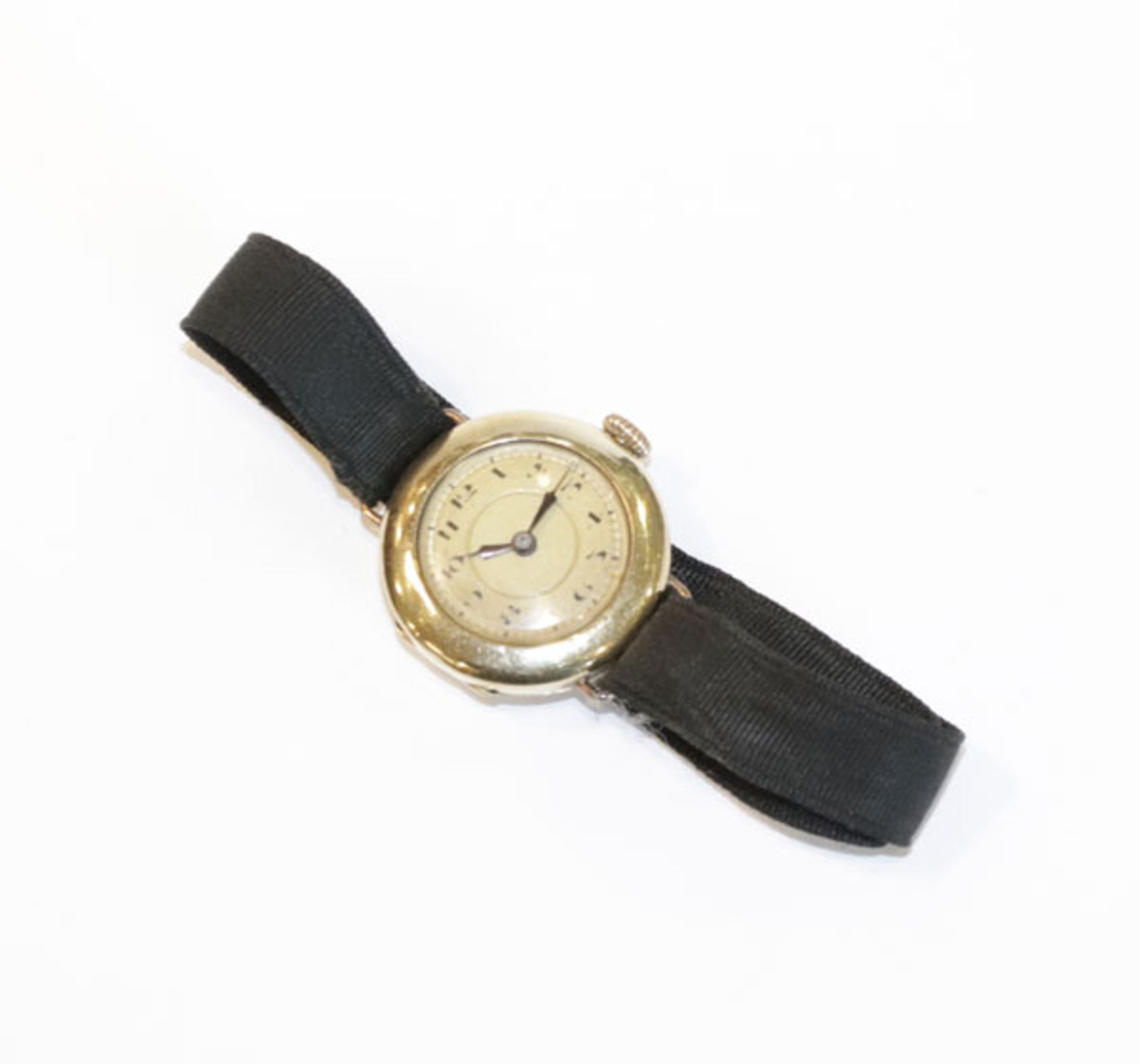 14 k Gelbgold Damen Armbanduhr um 1910, intakt, an schwarzem Stoffband