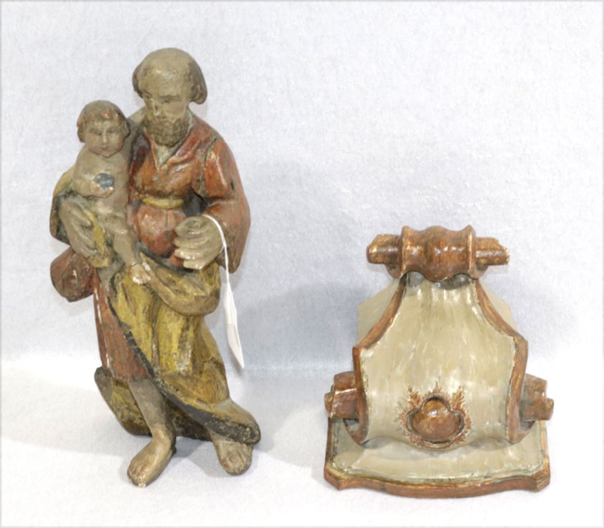 Holz Figurenskulptur 'Heiliger Antonius mit Kind', Lilien fehlen, farbig gefaßt, beschädigt und