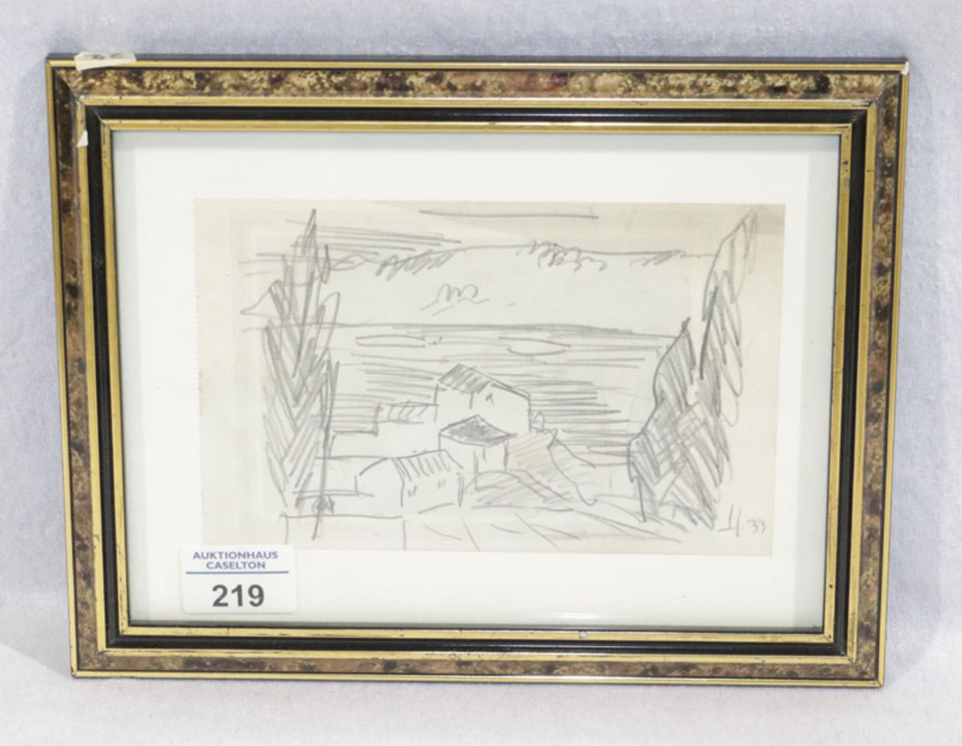 Bleistiftzeichnung 'Montagnola - Häuser mit Zypressen am Meer', monogrammiert H 33, rückseitig bez. 