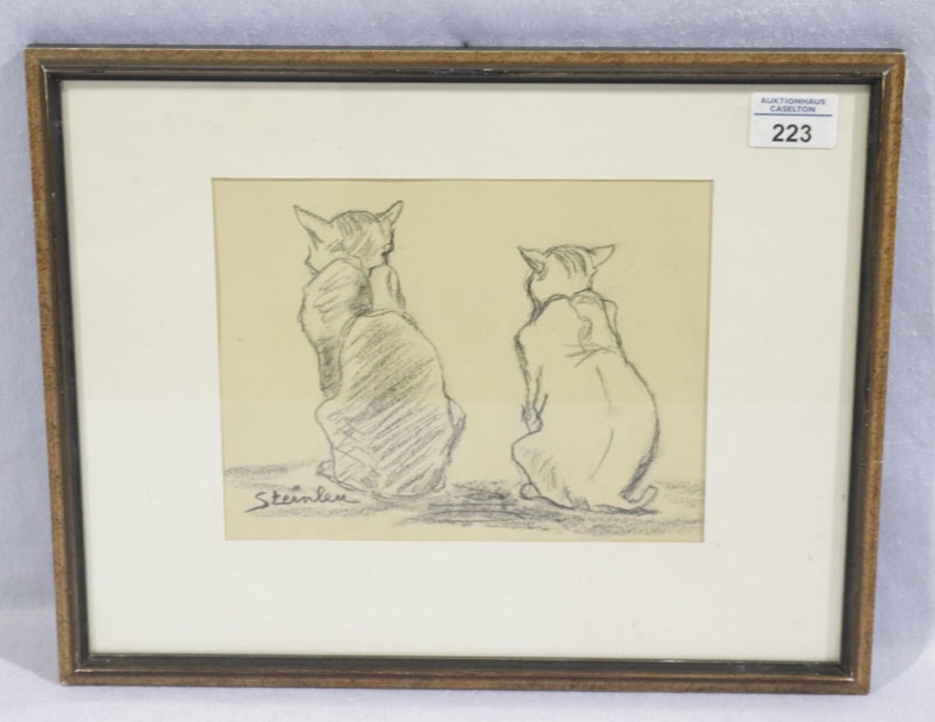 Kohlezeichnung 'Katzen-Studien', signiert Steinlen, mit Passepartout unter Glas gerahmt, Rahmen leic