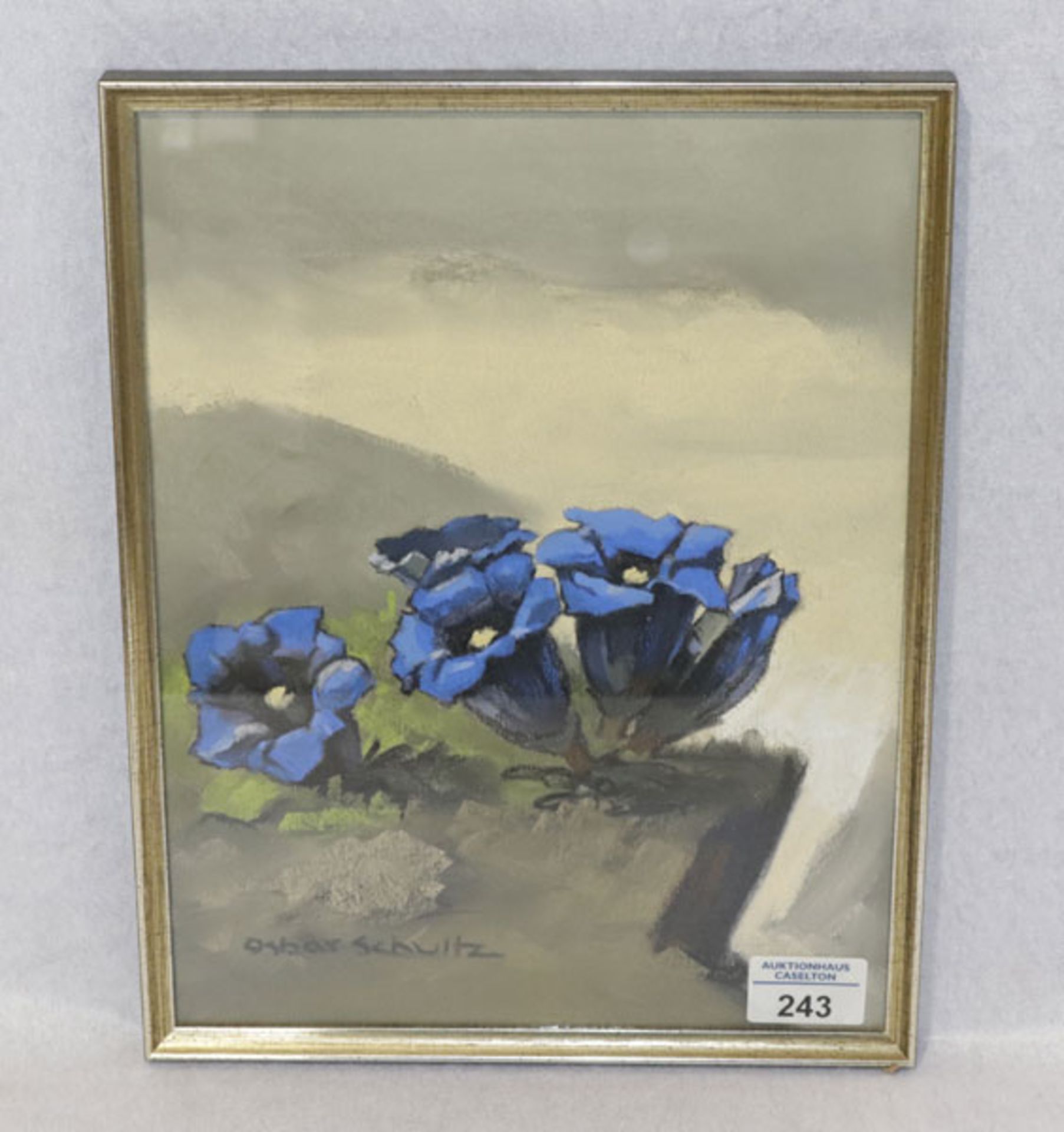 Gemälde Pastell 'Enzian', signiert Oskar Schultz, , * 11.5.1892 Warwen + 21.3.1971 Garmisch, Maler, 