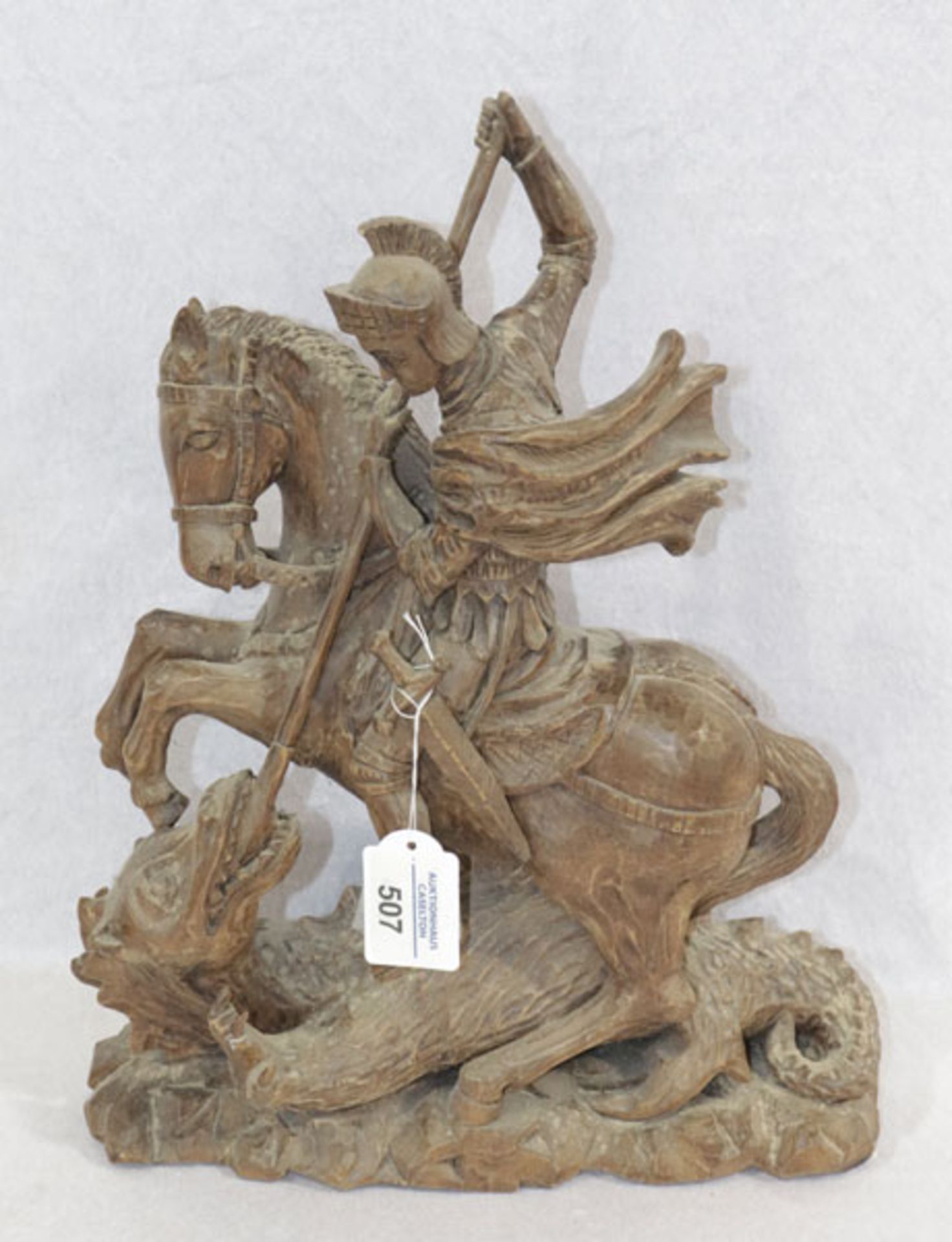 Holz Figurenskulptur 'Hl. Georg mit Drachen', dunkel gebeizt, H 37 cm, B 29 cm, T 14 cm,