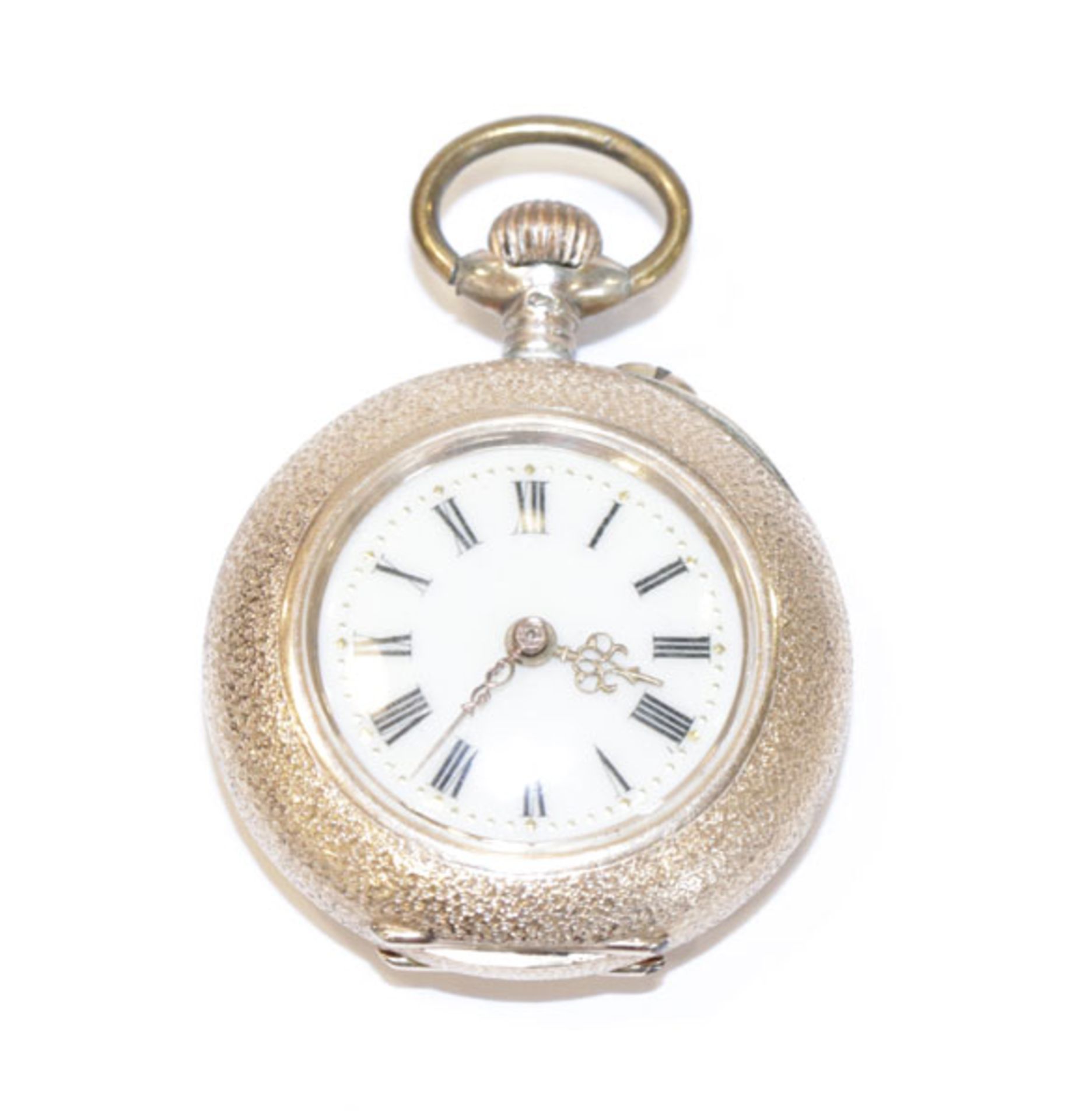 14 k Gelbgold Damen Taschenuhr, rückseitig mit Emaildekor, teils beschädigt, um 1910, intakt, D 3