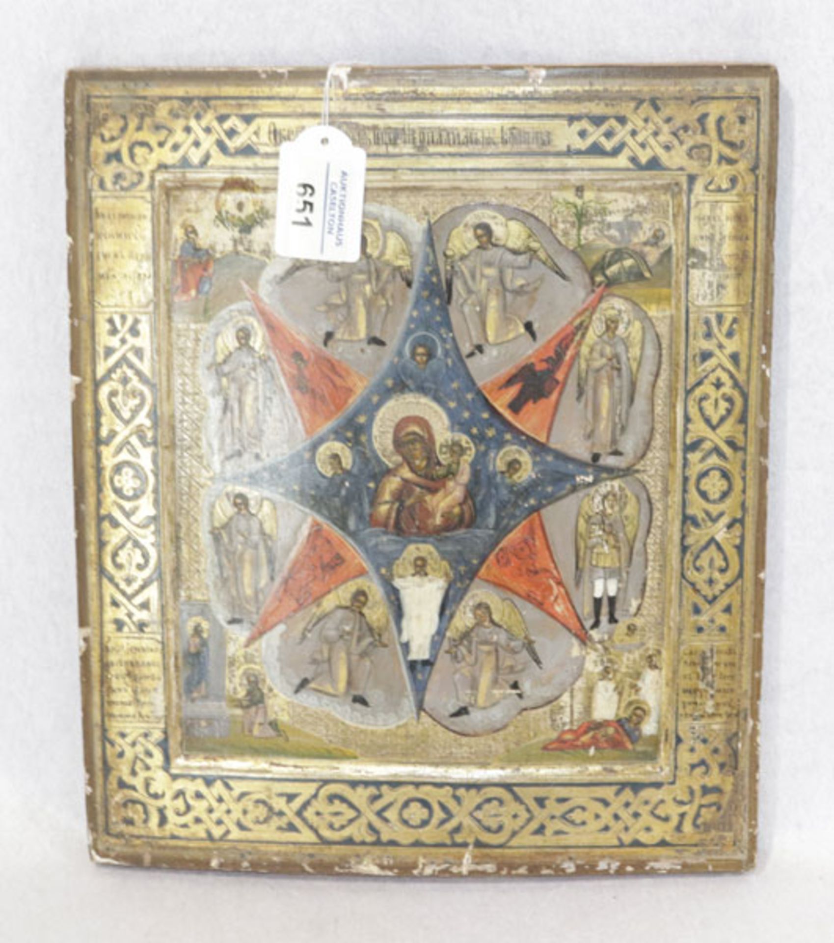 Russische Ikone 'Gottesmutter mit Engeldarstellungen', Oberfläche teils beschädigt, Ende 19.