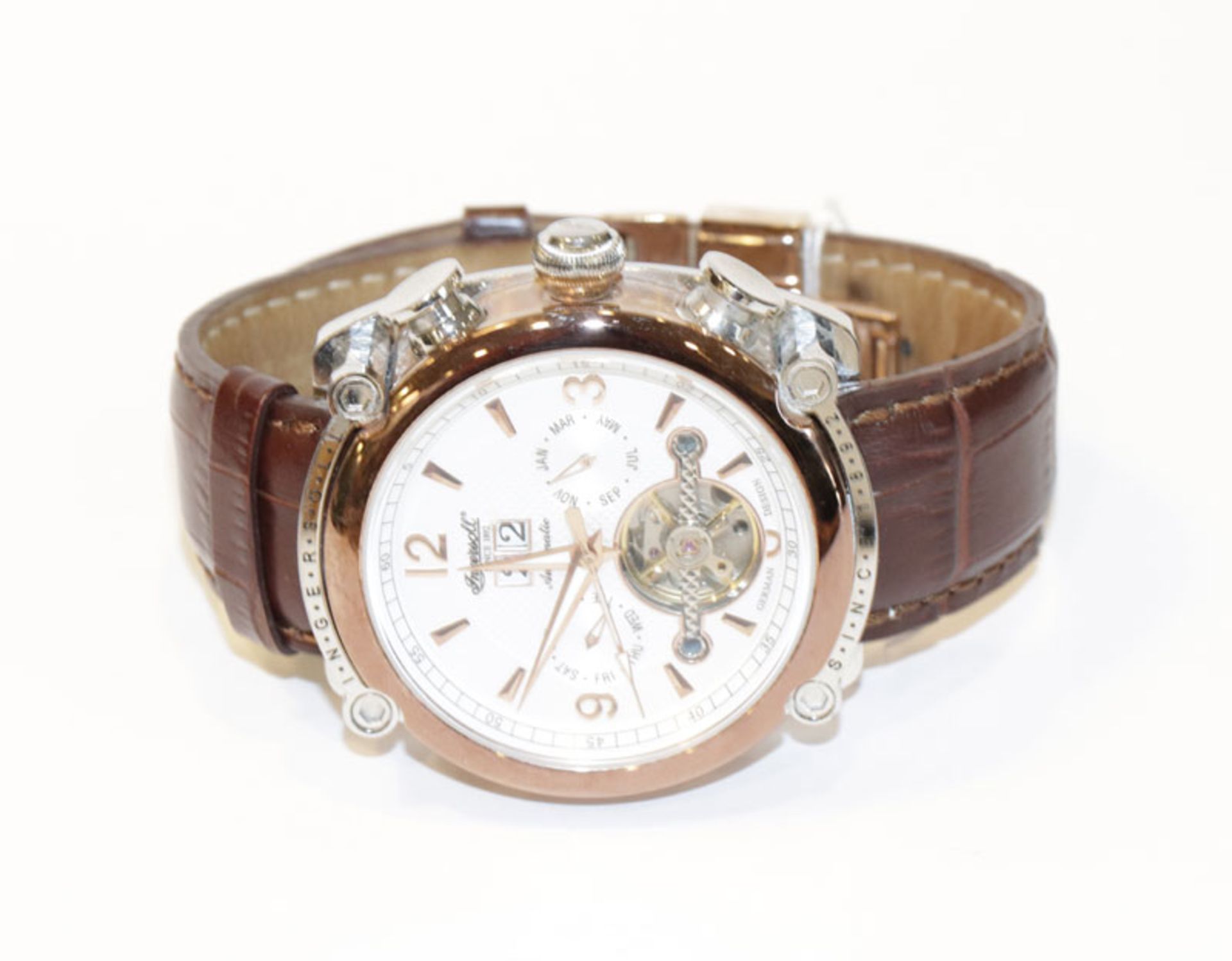 Ingersoll Herren-Armbanduhr, Automatik, Datums-, Tag- und Monats-Anzeige, an braunem Armband,