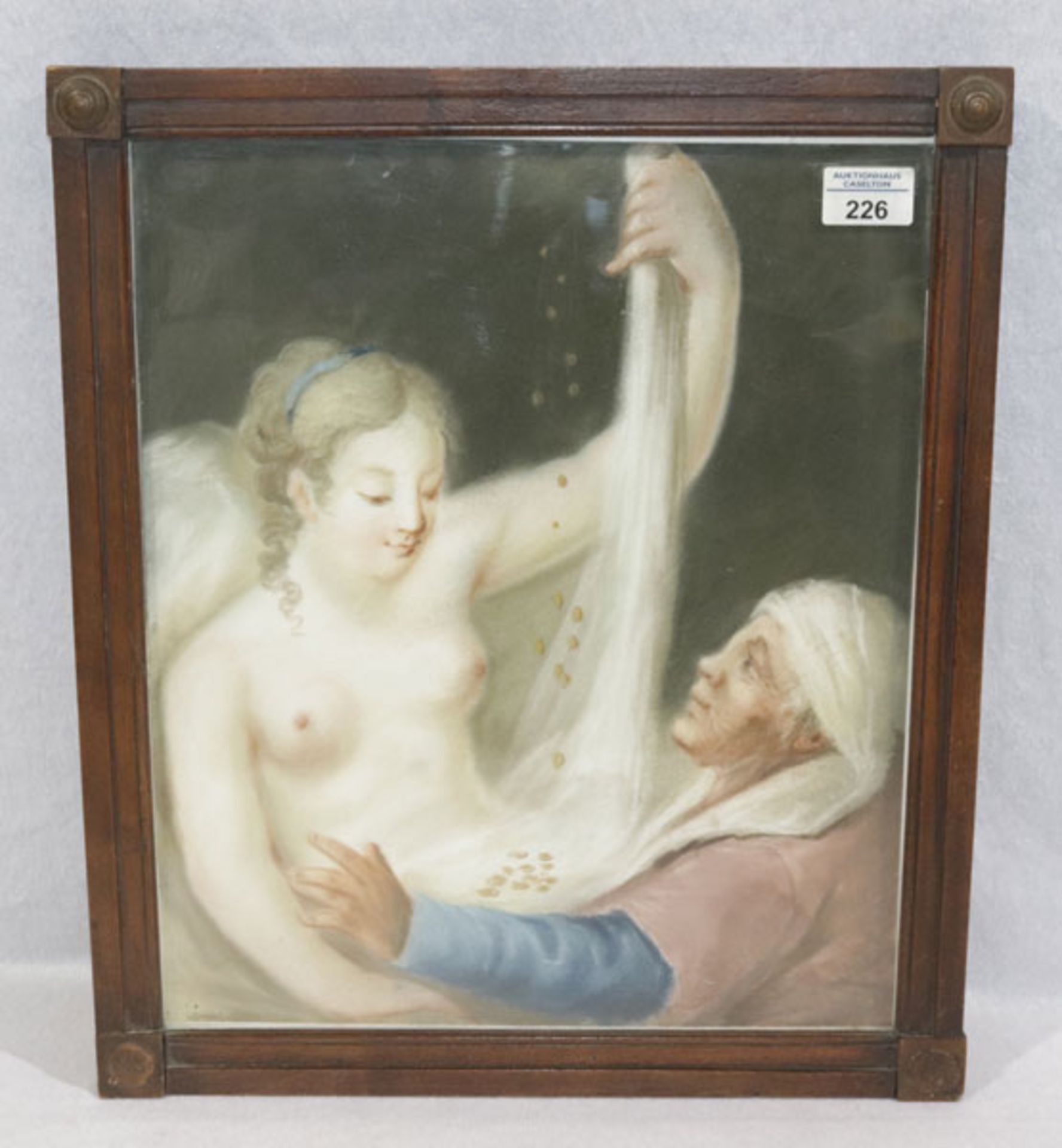 Gemälde Pastellkreide 'Frauen-Halbakt mit Goldmünzen und alte Frau', unte Glas gerahmt, Rahmen besch