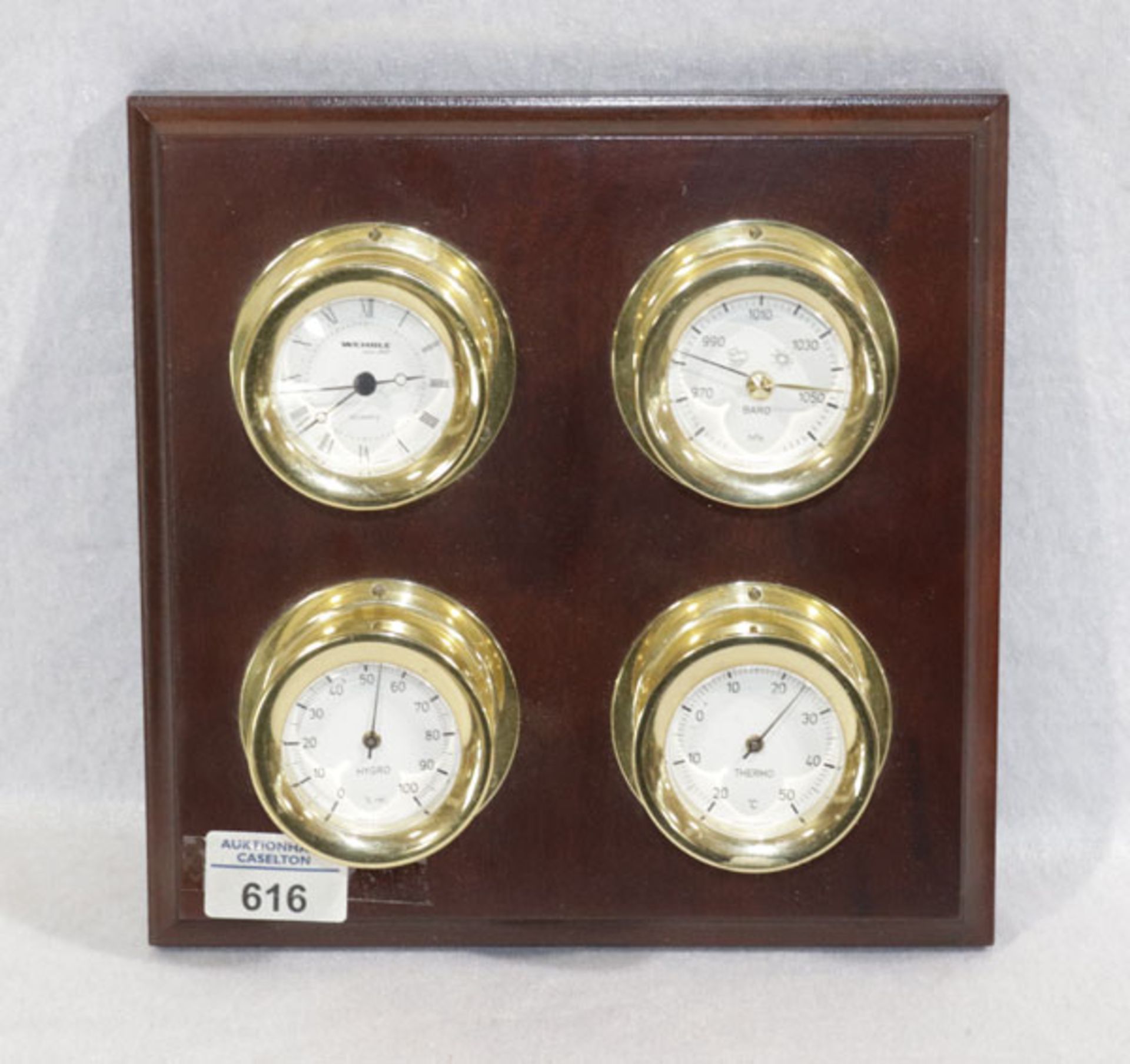 Wehrle Uhren- und Wetterstation, Uhr, Barometer, Hygrometer und Termometer, auf Holz montiert, H 6