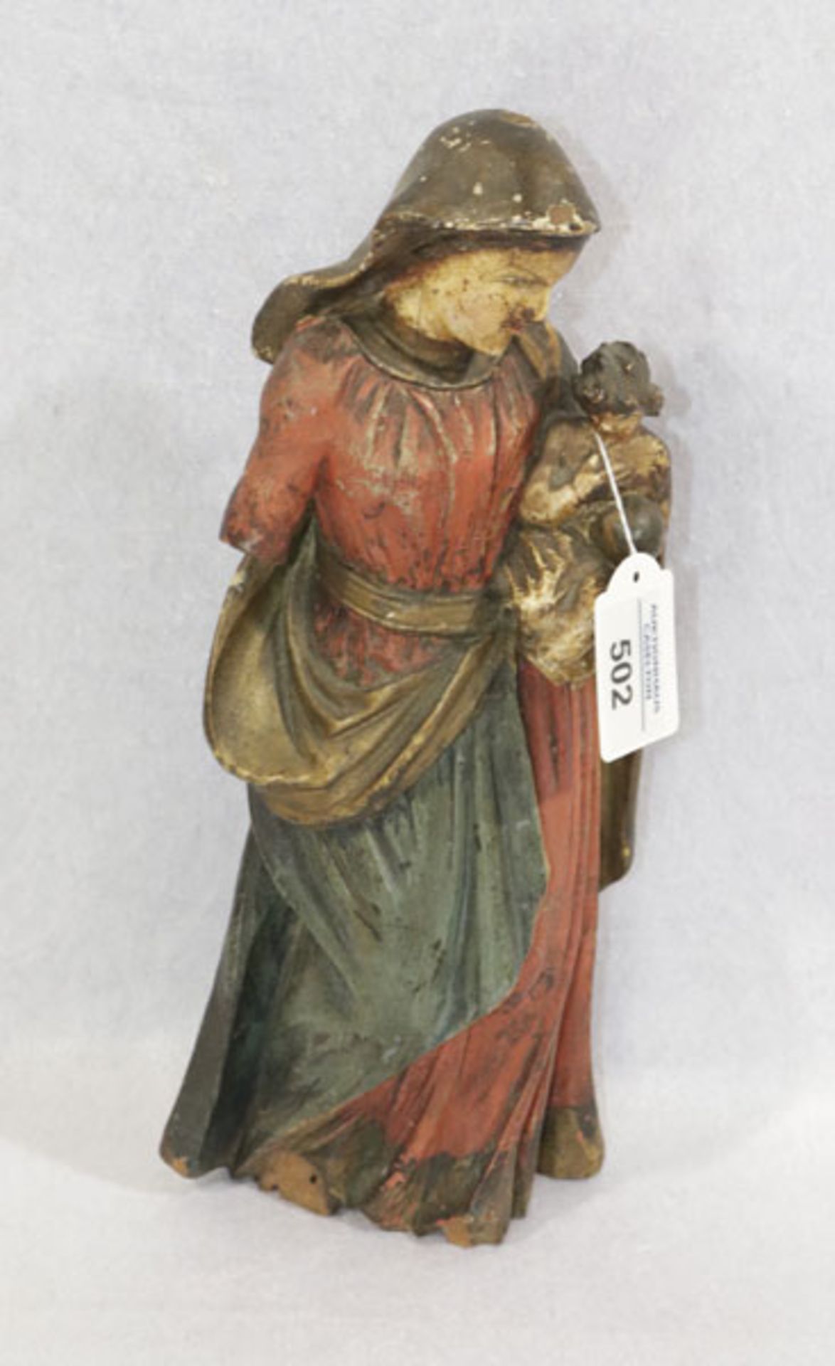 Holzfigurenskulptur 'Maria mit Kind', farbig gefaßt, beschädigt, H 33 cm, B 14 cm, T 8 cm,
