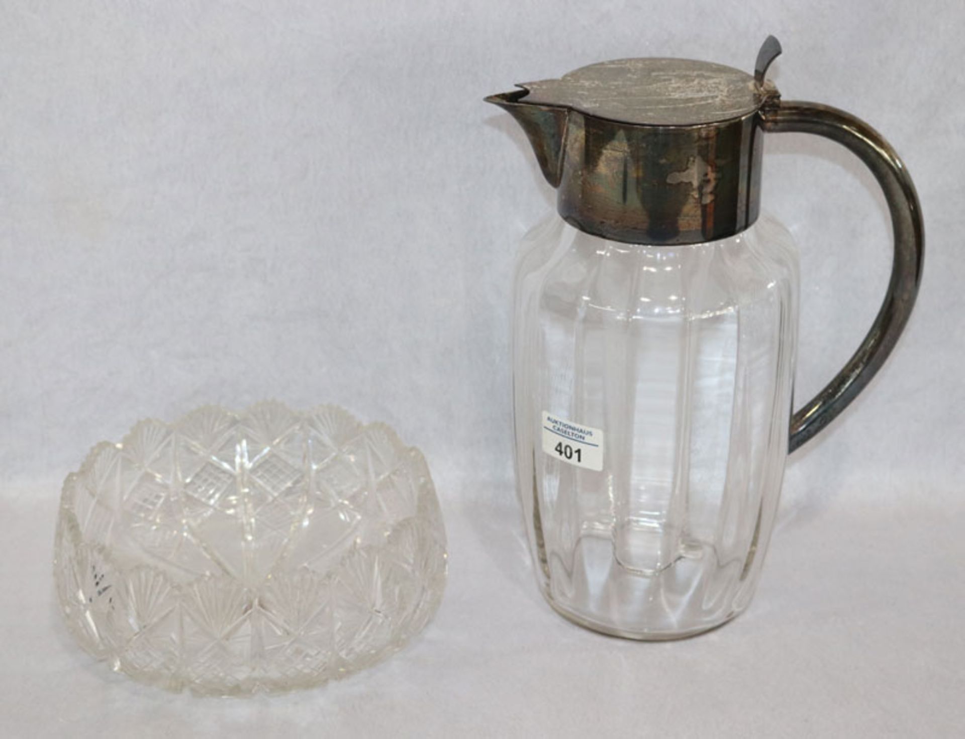 WMF Henkelkrug, Kalte Ente, Glas mit Metallmontierung und Einsatz, H 32 cm, D 19 cm, und