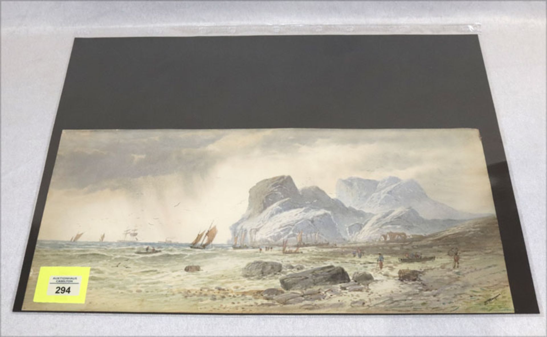 Aquarell 'Landschafts-Szenerie mit Fischerbooten, ev. Spitzbergen', signiert L. Mayen ?,