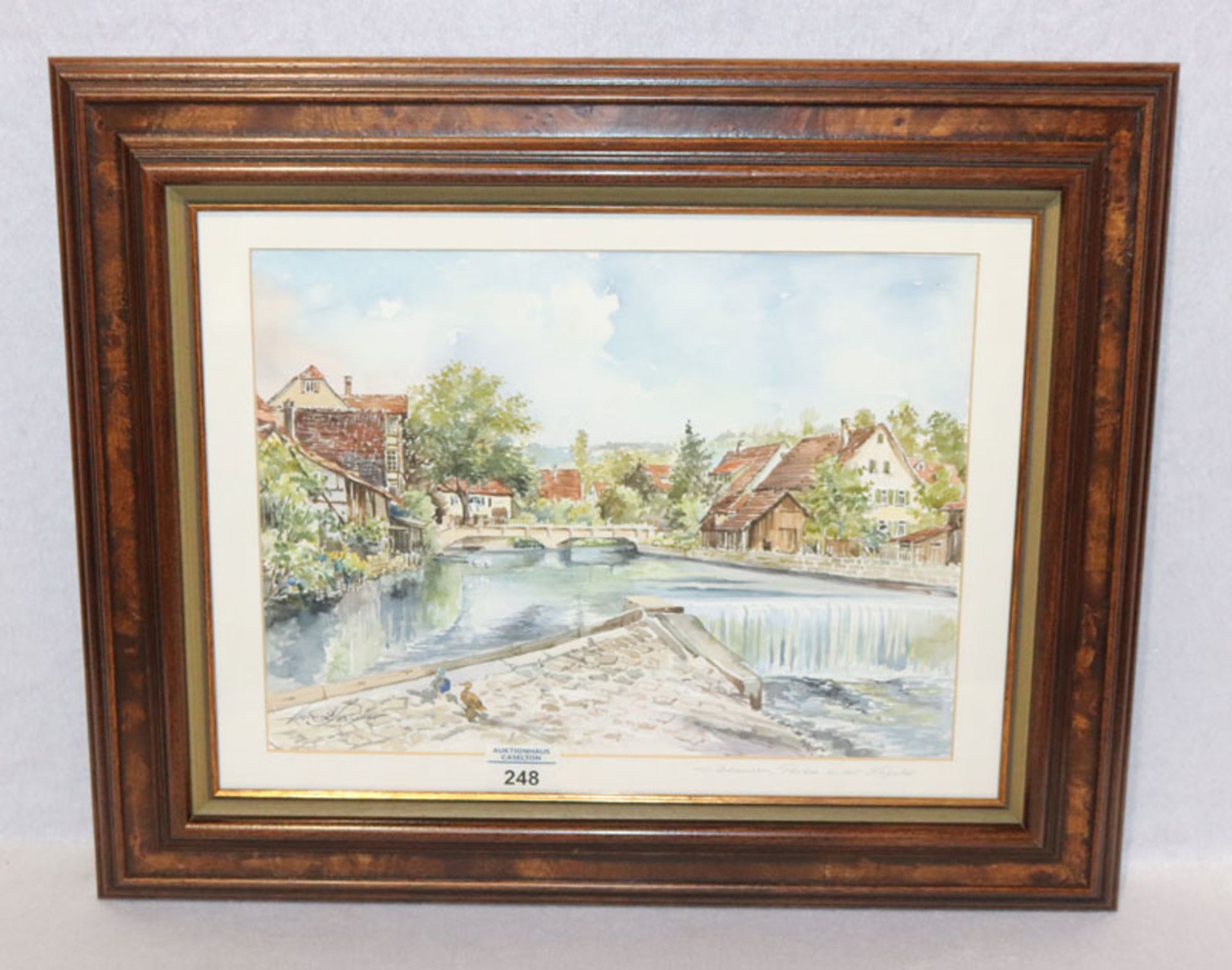 Aquarell 'Ebhausen, Partie an der Nagold', signiert Helmut Sauter ?, mit Passepartout unter Glas ger