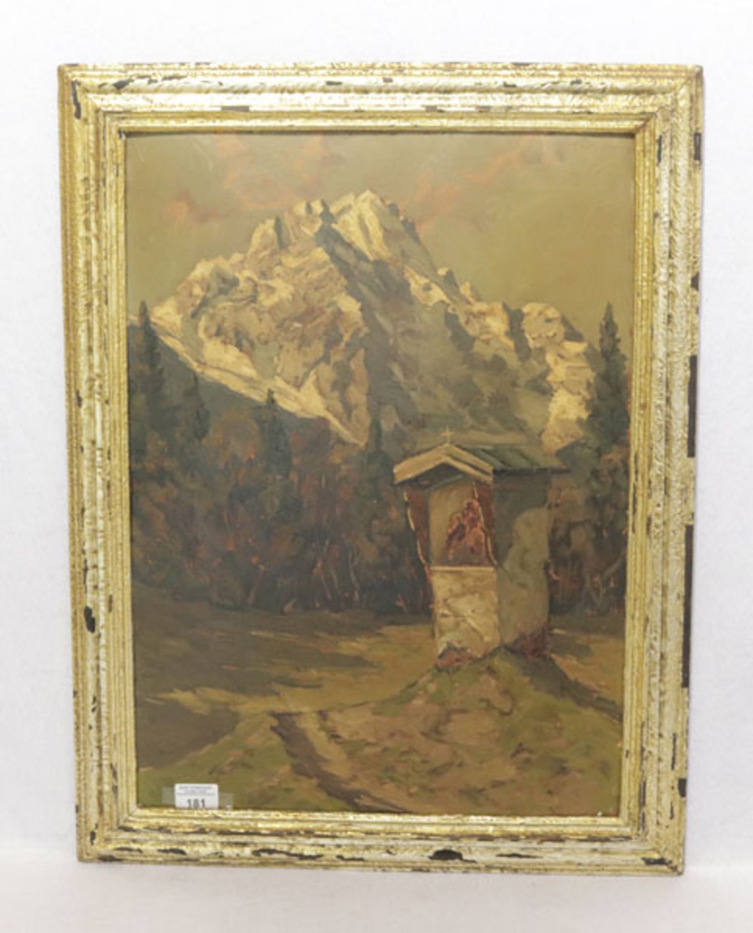 Gemälde ÖL/Holz 'Wegkreuz im Hochgebirge', signiert H. (Hans) Zachmann, *1897 + 1953, deutscher Land