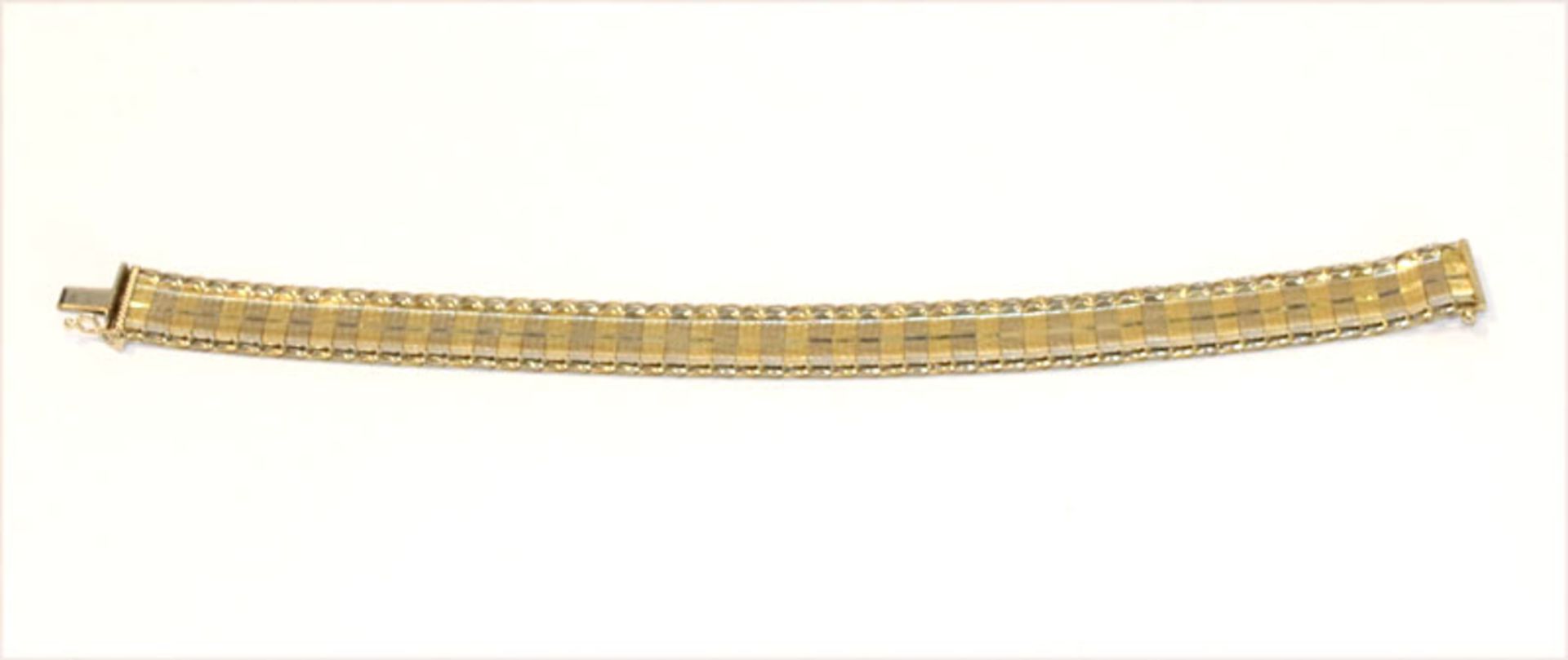 14 k Gelb- und Weißgold Armband, teils mattiert, L 19,5 cm, 13,3 gr.