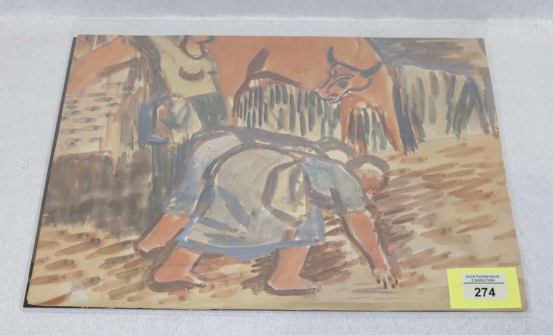 Aquarell 'Bauern am Feld mit Tieren', rückseitig Skizze, 30 cm x 42 cm