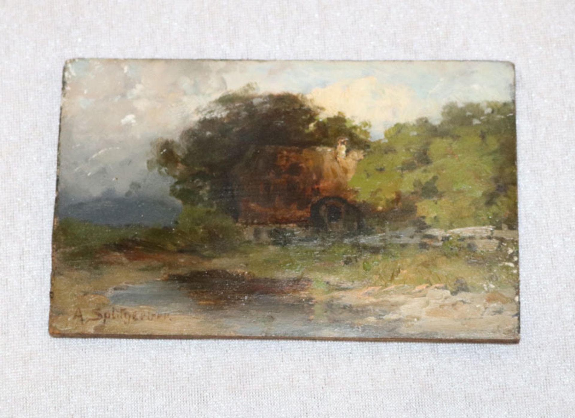 Gemälde ÖL/Holz 'Landschafts-Szenerie mit Mühle', signiert A. (August) Splitgerber, * 1844 Steingade