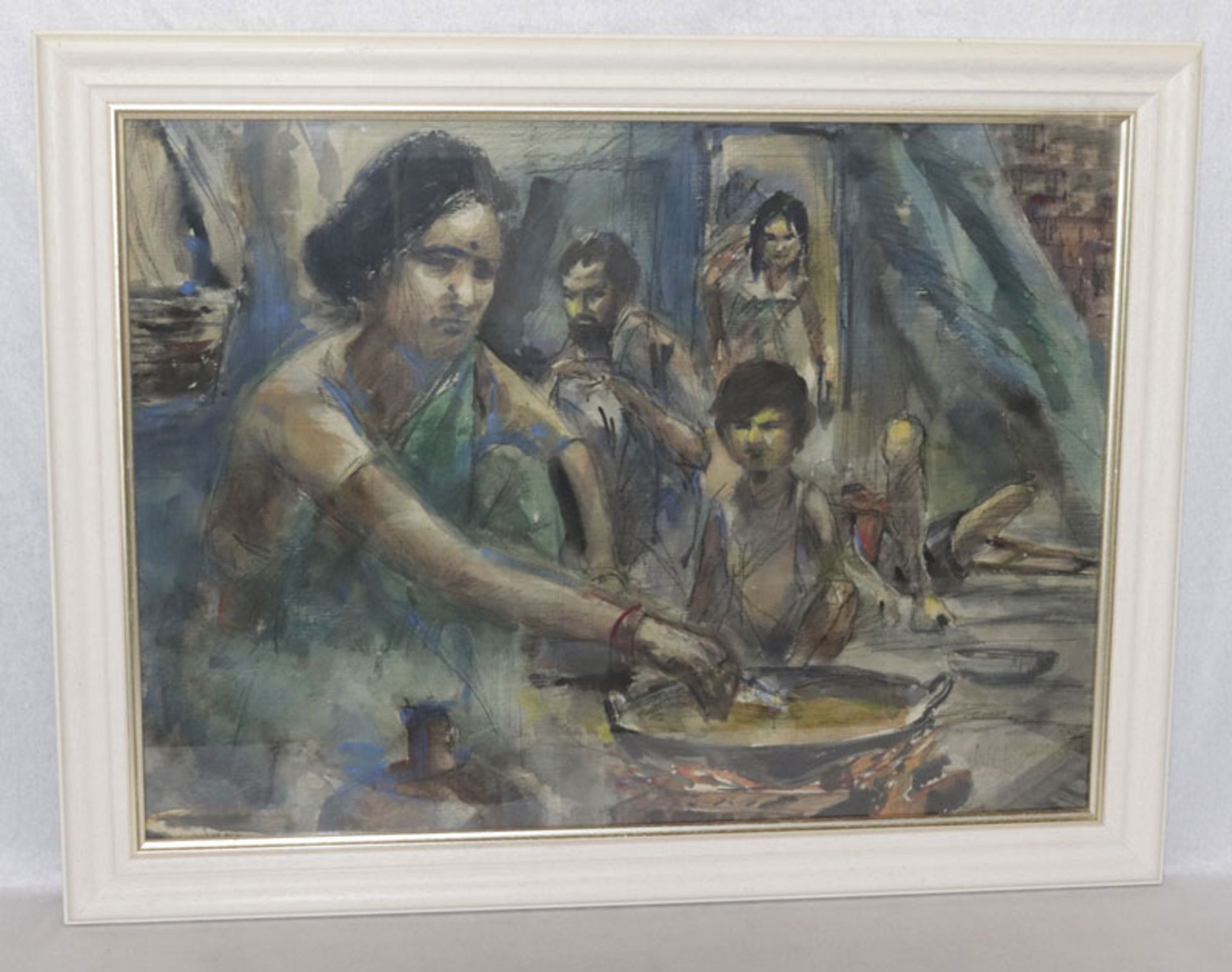Gemälde Mischtechnik/Karton 'Indische Familie beim Essen', signiert Nitiry ?, unter Glas gerahmt, Ra